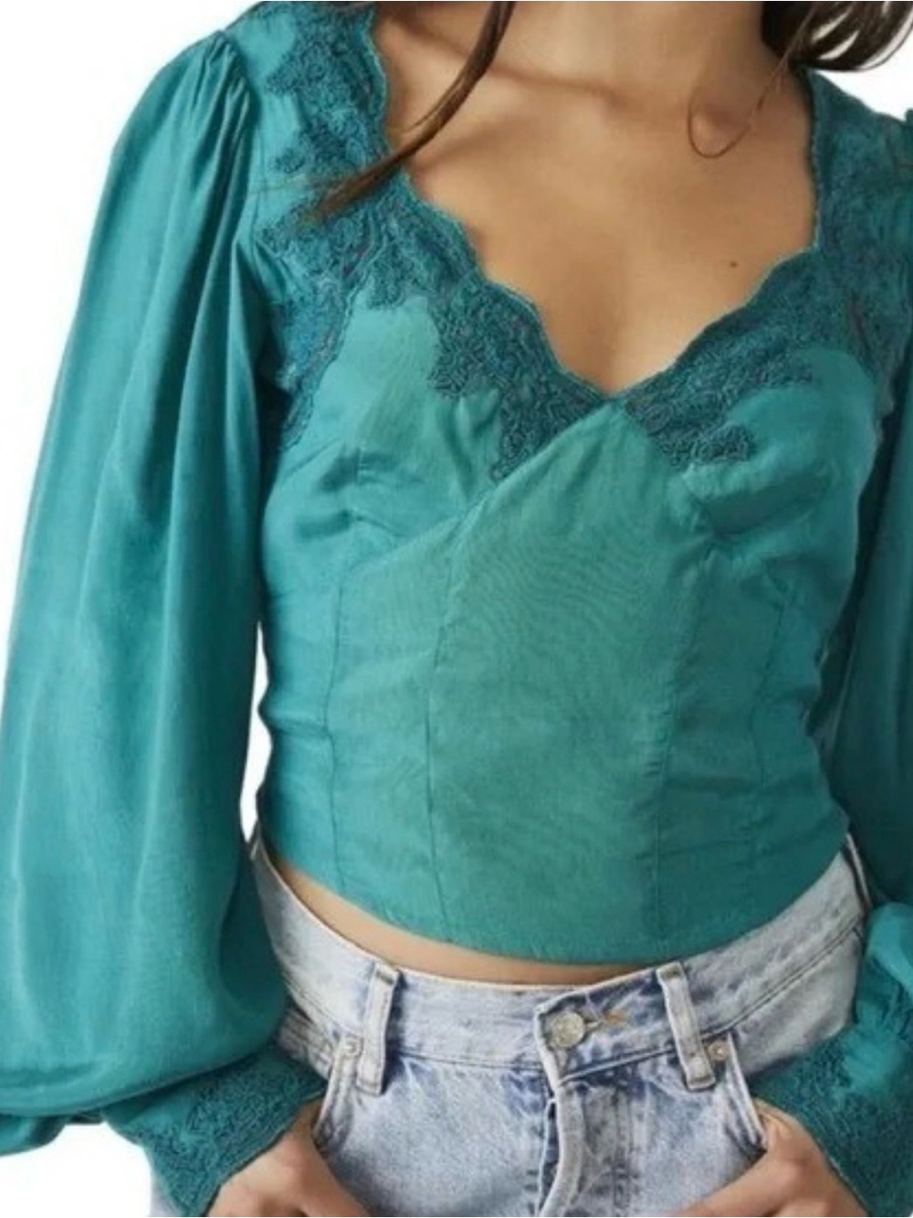 Free People Teal Lace-Trim Peasant Long Sleeve Top